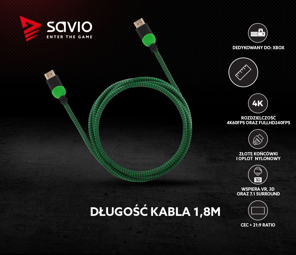 Kabel HDMI 2.0 dedykowany do XBOX zielono-czarny 1,8m, GCL-03